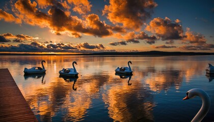 Swan Pedal Boats Floating on Lake During Sunset with Dramatic Orange Clouds