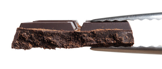 Broken dark chocolate bar held with metal tongs