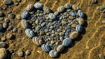 Heart shape made of pebbles on sandy beach shore