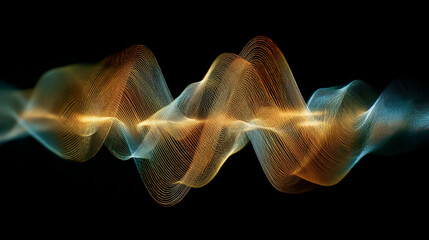Intricate golden and blue glowing sound waves on a black background representing audio engineering and music production
