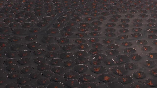 Aerial pan shows La Geria vineyards on Lanzarote, with circular pits and stone rims, single vines with orange foliage, black picon, and strong texture on ash and lava.