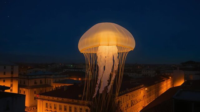 Lighting up jellyfish installation hovering over city at night, illuminating facades for public art