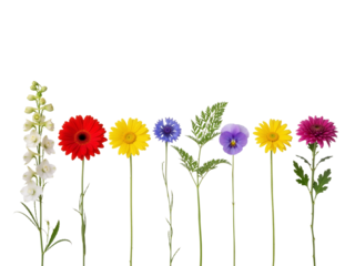 Botanical Spectrum: A Vibrant Row of Eight Blooms in Harmonious, Rainbow-Hued Simplicity