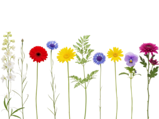 Botanical Spectrum: A Vibrant Row of Eight Blooms in Harmonious, Rainbow-Hued Simplicity