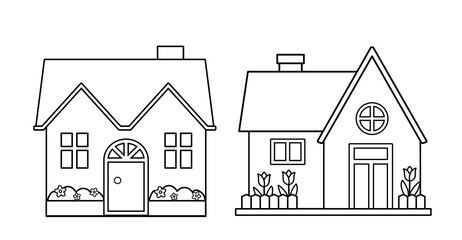 Fototapeta premium Springtime House Outline Coloring Page with Flowers. Floral Spring Home Coloring Page Template. White background.