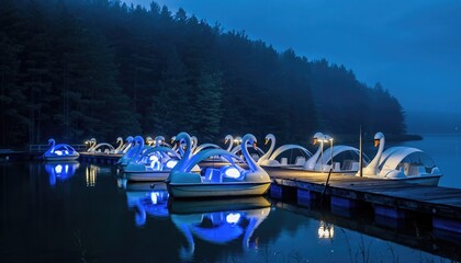 Illuminated Swan Pedal Boats Docked at Pier Surrounded by Forest at Dusk