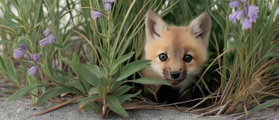 Obraz premium Cute fox peeking out from behind bluebells in tall grass on a sunny day in a forest clearing