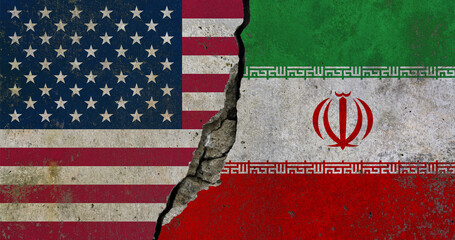 United States and Iran political conflict concept with cracked flags background