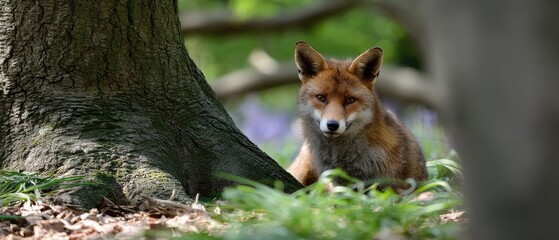 Obraz premium Cute fox peeking out from bluebells in green grass during springtime in a natural setting, looking curiously at its surroundings in the forest