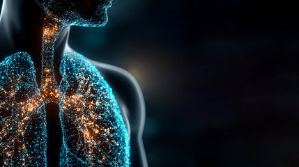 Digital 3D illustration of human lungs with glowing particles in a male torso. Used for medical blogs, science journals, and healthcare sites on respiratory health.