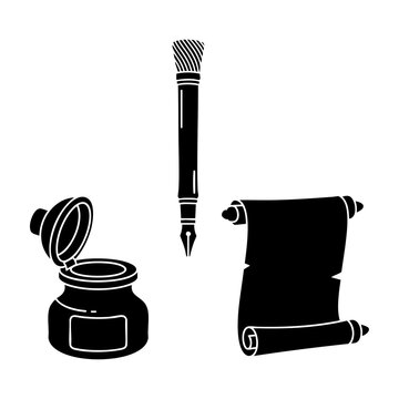 Arabic Calligraphy Tools Qalam Pen Inkwell and Scroll Three Silhouette Set