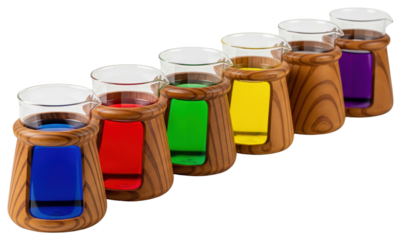 Laboratory glass beakers with pour spouts containing colorful liquids on a transparent background