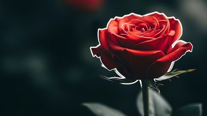 Vibrant red rose with white outline on dark blurred background elegant floral close up with lush petals and green leaves
