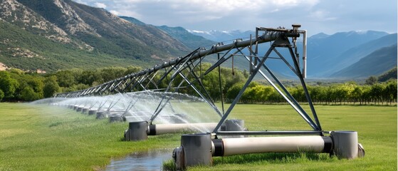 Modern farm features centralized watering system with basins and sprinklers across a green field under a blue sky in an agricultural area
