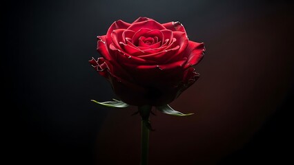 A single red rose on a dark background with subtle lighting effects and a dramatic atmosphere