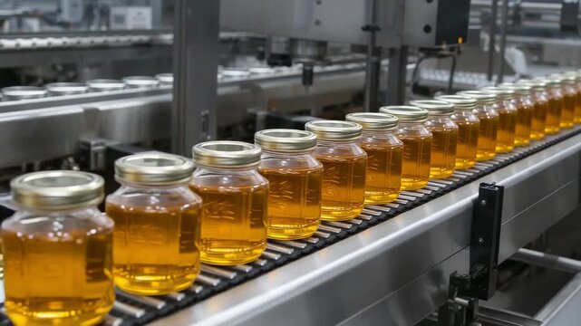 Advancing conveyor pushing glass jars with metal lids toward capper to cap at plant, amber liquid