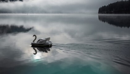 Swan Pedal Boat Moving Across Reflective Lake Under Overcast Sky