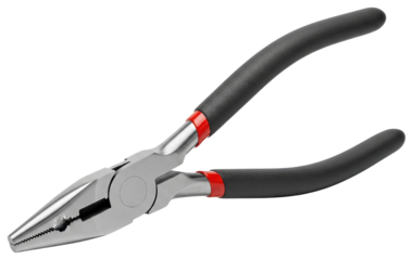 Long nose pliers tool with black and red rubber grips for gripping wire on a transparent background