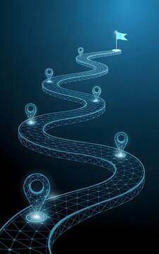 A digital wire frame road with glowing pin markers leading to a bright flag, symbolizing a journey towards a goal.