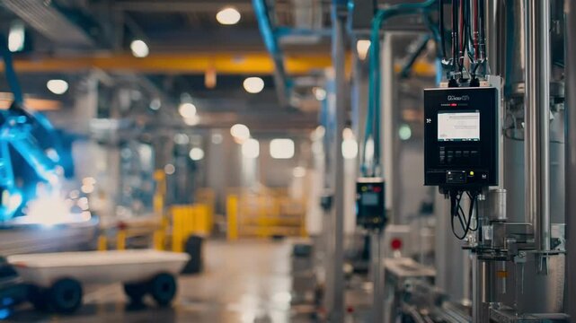 Medium shot footage of industrial wireless sensor networks deployed on factory equipment for realtime monitoring and safety management in a manufacturing plant environment.