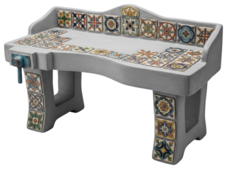 Grey concrete garden bench decorated with colorful ornamental tiles on a transparent background