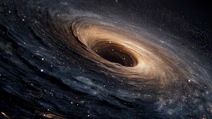 Massive black hole with glowing accretion disk and gravitational lensing effect in deep space surrounded by distant stars - Powered by Adobe