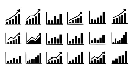 Collection of black business graph icons on transparent background