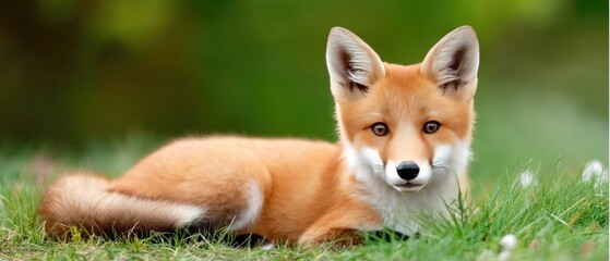 Obraz premium Cute fox cub sits in bluebell meadow looking at the camera with green grass and flowers in a natural setting during springtime