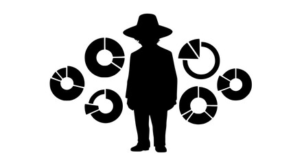 Businessman silhouette with pie charts on transparent background
