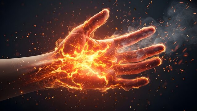 Burning hand sensation and nerve pain visualization. Dermatology and thermal injury concept. Human hand engulfed in fire and sparks representing intense pain or supernatural energy