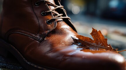 Close up detail of a rich brown leather boot resisting water droplets and holding a fallen autumn oak leaf during a wet rainy day walk outdoors
