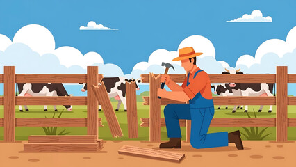 A dedicated farmer mending a broken wooden fence on a rural farm, demonstrating hard work and commitment to farm maintenance and property upkeep on a sunny day