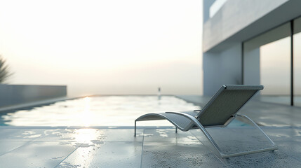 Modern poolside lounge chair with serene ocean view at sunset