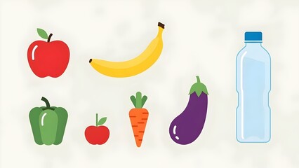 Minimal illustration of brinjal, banana, carrot, apple, bell pepper and water bottle on a white background with clean empty space, representing healthy lifestyle, nutrition and wellness.

