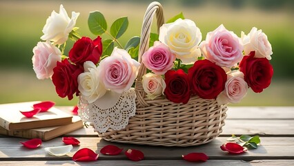 Vibrant roses in a wicker basket on a rustic wooden table with scattered petals and books in a serene outdoor setting