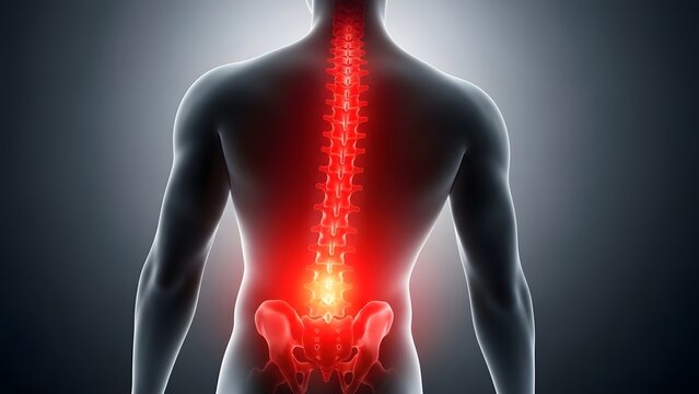 Chronic back pain and spinal disc herniation. Physical therapy and healthcare. Back view of a male silhouette showing a glowing red spine and lower back inflammation