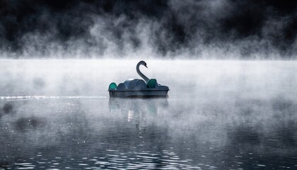 Swan Pedal Boats with Passengers Surrounded by Mist and Trees on Tranquil Lake