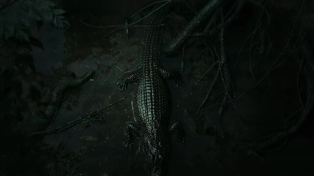 Breathing large crocodilian shifting right limbs on muddy mangrove bank at night, revealing roots