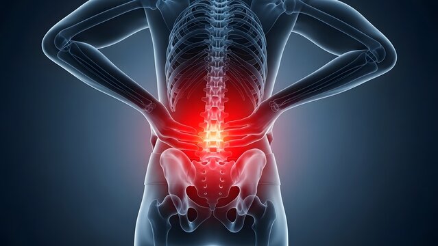 Spinal cord anatomy and lower back pain assessment. Healthcare and orthopedic surgery. Skeletal 3D model with hands on hips and glowing red lumbar spine against blue background