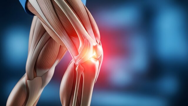 Chronic knee pain and meniscus tear diagnosis. Physical rehabilitation and joint health. Detailed 3D model of leg muscles and knee joint with red inflammation hotspot
