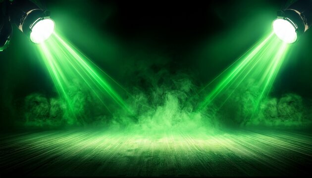 two vibrant green spotlights illuminating a smoky stage perfect for abstract backgrounds product displays or event promotions with a mysterious and dramatic feel