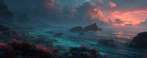 Scenic Coastal Landscape with Dramatic Sunset Clouds and Turquoise Ocean