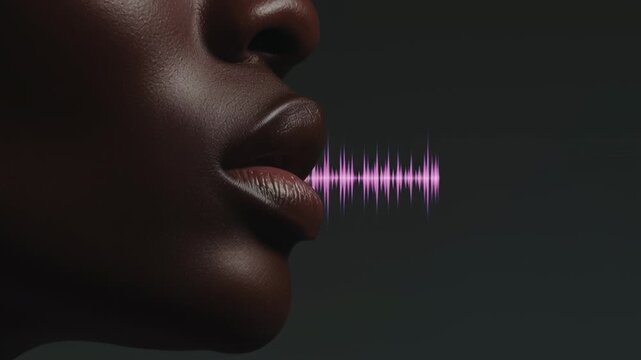 A person is speaking in a dark space. Different sound wave patterns appear and change as the person talks. Lights flicker in sync with the voice. Each frame shows a unique pattern
