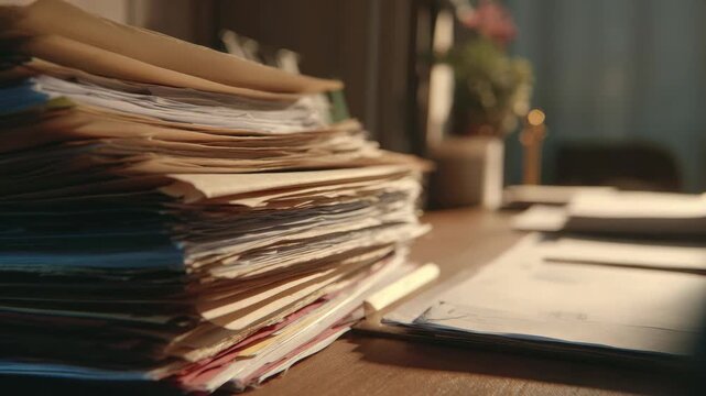 Stack of paperwork, document, file, report, and folder on wooden office desk in sunlight, creating organized productive workspace atmosphere with business paper administration, clutter, and warm light