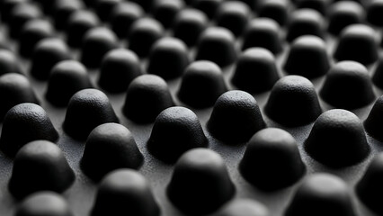 Obraz premium Macro perspective of a gritty, dark, textured surface forming an abstract, repetitive dome pattern in monochrome