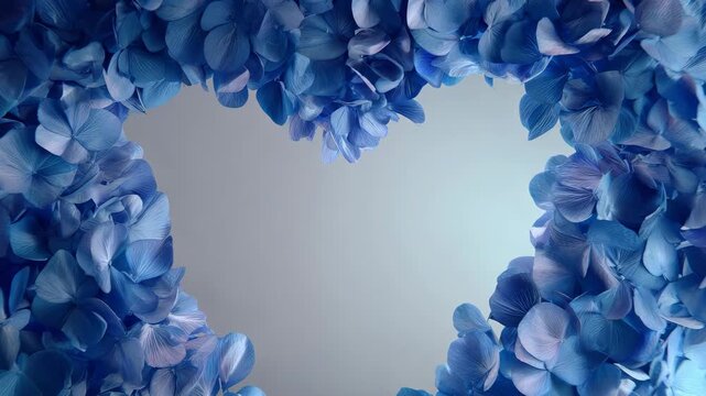 Blue hydrangea petals form heart shape frame with soft lighting and empty space in center, creating romantic and elegant floral border and flower frame for love, wedding, or celebration themes