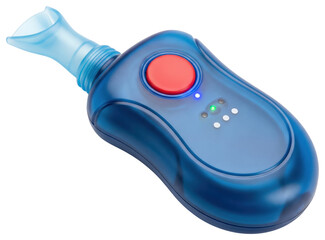 Blue plastic digital breath alcohol tester with red start button on a transparent background