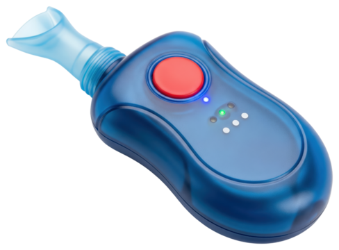Blue plastic digital breath alcohol tester with red start button on a transparent background - Powered by Adobe