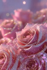 A dreamlike scene of roses bathed in a rose-gold glow. The petals are dusted with crystalline frost or glitter, making them shimmer like jewels. The shallow depth of field creates a sense of whimsical