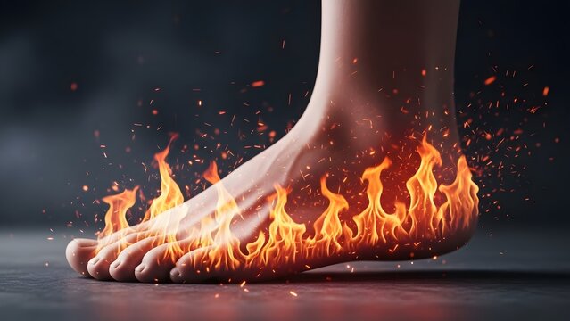 Neuropathic pain and burning foot syndrome illustration. Nerve condition and inflammatory health issue. Side view of a human foot on fire with glowing flames and flying sparks